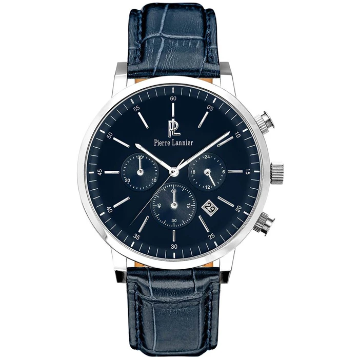 Мъжки ръчен часовник с кварцов механизъм - корпус от Стомана - Естествена кожа - цвят Син Син