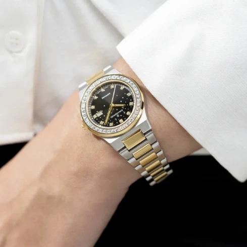 Дамски ръчен часовник с кварцов механизъм - корпус от Стомана и злато 18К - Стоманена верижка - цвят Черен