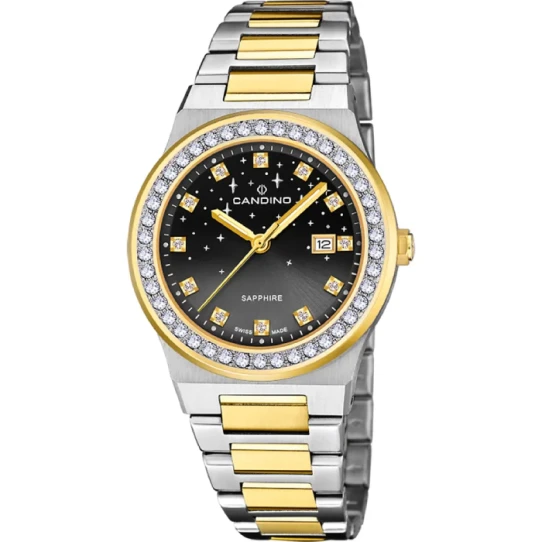 Дамски ръчен часовник с кварцов механизъм - корпус от Стомана и злато 18К - Стоманена верижка - цвят Черен