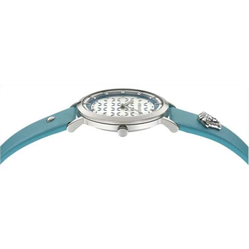 Дамски ръчен часовник с кварцов механизъм - корпус от Стомана - Естествена кожа - цвят Сребрист Син