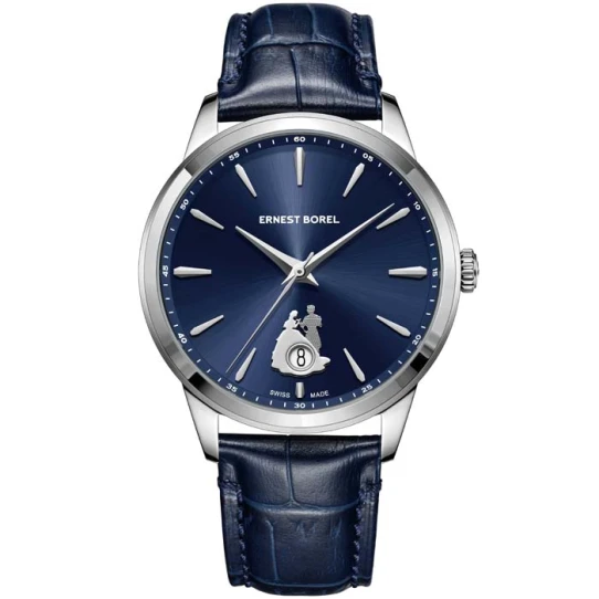Мъжки ръчен часовник с автоматичен механизъм - корпус от Стомана - Естествена кожа - цвят Син Син