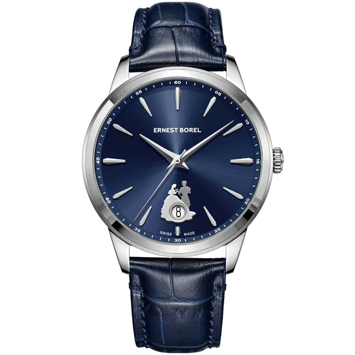 Мъжки ръчен часовник с автоматичен механизъм - корпус от Стомана - Естествена кожа - цвят Син Син