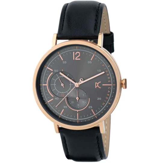 Мъжки ръчен часовник с кварцов механизъм - корпус от Стомана - Естествена кожа - цвят Сив Черен