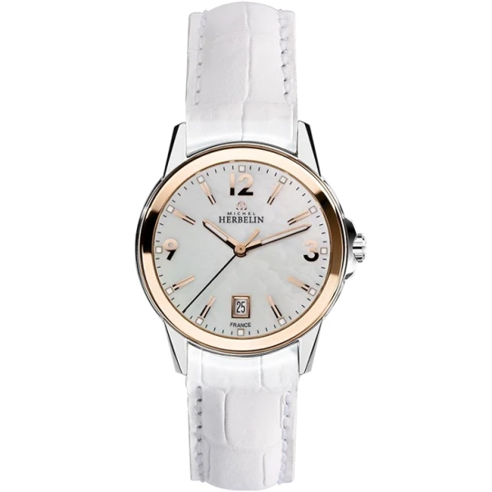 Дамски ръчен часовник с кварцов механизъм - корпус от Стомана - Естествена кожа - цвят Седеф Бял