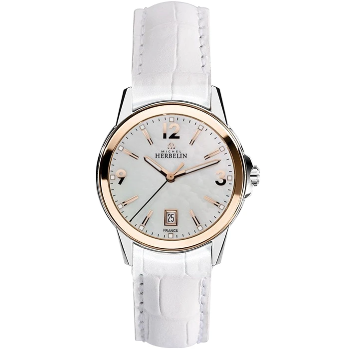 Дамски ръчен часовник с кварцов механизъм - корпус от Стомана - Естествена кожа - цвят Седеф Бял