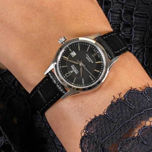 Дамски ръчен часовник с кварцов механизъм - корпус от Стомана - Естествена кожа - цвят Черен Злато