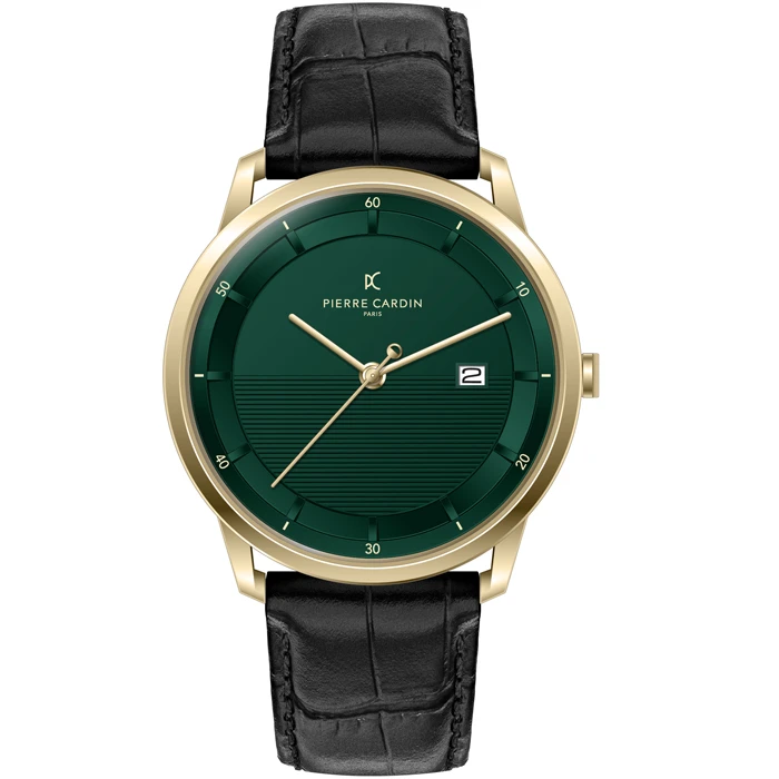 Мъжки ръчен часовник с кварцов механизъм - корпус от Стомана - Естествена кожа - цвят Зелен Черен