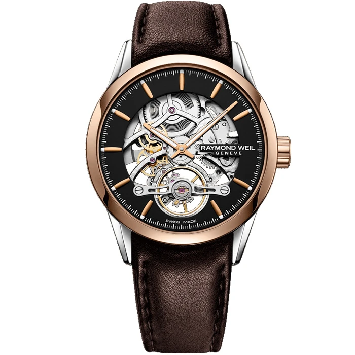 Мъжки ръчен часовник с автоматичен механизъм - корпус от Стомана - Естествена кожа - цвят Скелетон Кафяв