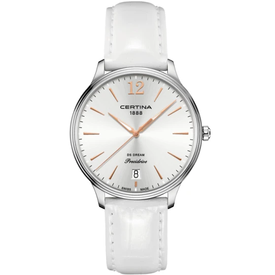 Дамски ръчен часовник с кварцов механизъм - корпус от Стомана - Естествена кожа - цвят Сребрист Бял