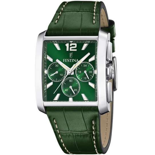 Мъжки ръчен часовник с кварцов механизъм - корпус от Стомана - Естествена кожа - цвят Зелен Зелен