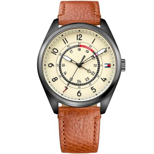 Мъжки ръчен часовник с кварцов механизъм - корпус от Стомана - Естествена кожа - цвят Бежов Кафяв