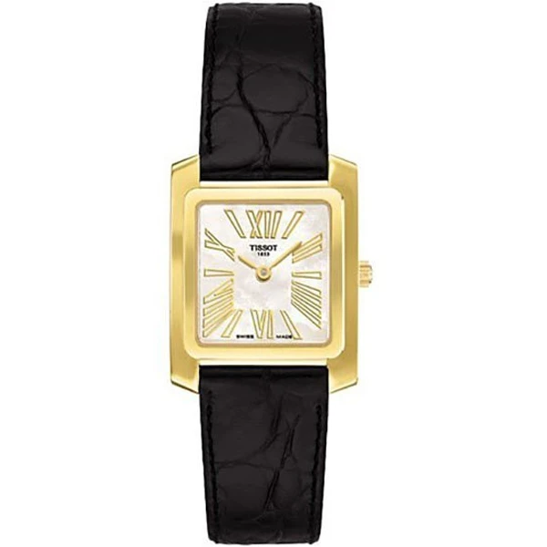 Дамски ръчен часовник с кварцов механизъм - корпус от Жълто злато 18К - Естествена кожа - цвят Седеф Черен