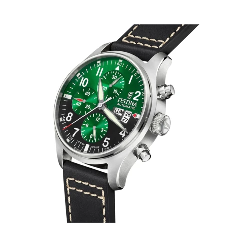 Мъжки ръчен часовник с автоматичен механизъм - корпус от Стомана - Естествена кожа - цвят Зелен Черен