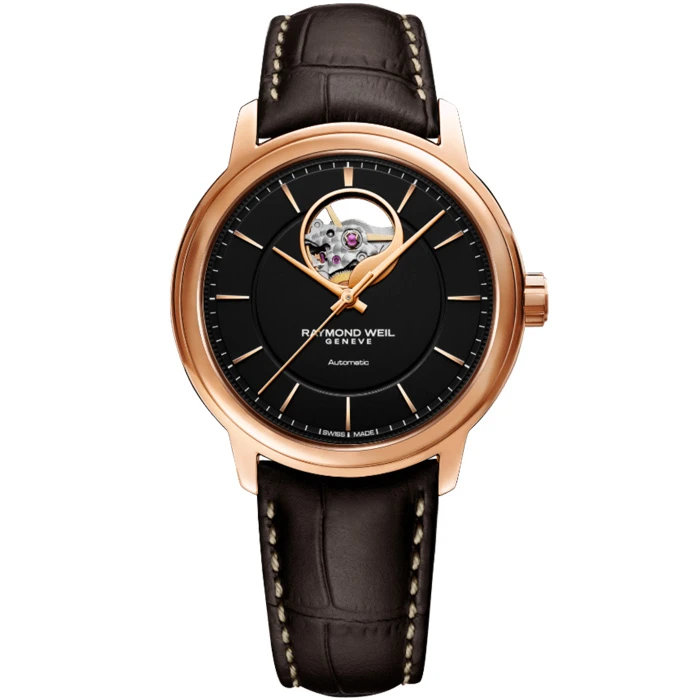 Мъжки ръчен часовник с автоматичен механизъм - корпус от Стомана - Естествена кожа - цвят Черен Кафяв