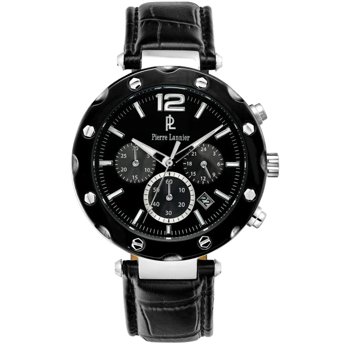 Мъжки ръчен часовник с кварцов механизъм - корпус от Стомана - Естествена кожа - цвят Черен