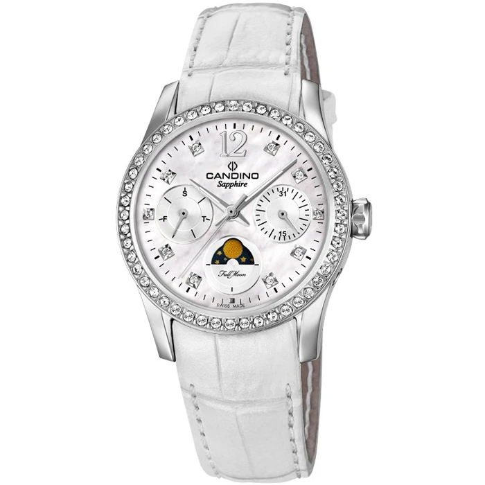 Дамски ръчен часовник с кварцов механизъм - корпус от Стомана - Естествена кожа - цвят Седеф Бял