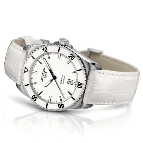 Дамски ръчен часовник с кварцов механизъм - корпус от Стомана и керамика - Естествена кожа - цвят Бял Бял