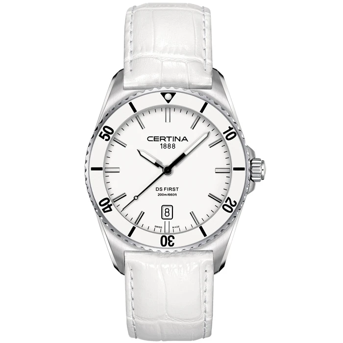 Дамски ръчен часовник с кварцов механизъм - корпус от Стомана и керамика - Естествена кожа - цвят Бял Бял