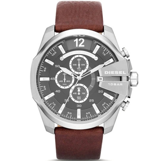 Мъжки ръчен часовник с кварцов механизъм - корпус от Стомана - Естествена кожа - цвят Черен Кафяв