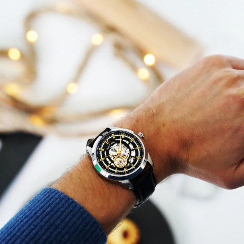 Мъжки ръчен часовник с автоматичен механизъм - корпус от Стомана - Естествена кожа - цвят Скелетон Черен