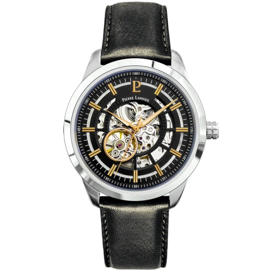 Мъжки ръчен часовник с автоматичен механизъм - корпус от Стомана - Естествена кожа - цвят Скелетон Черен