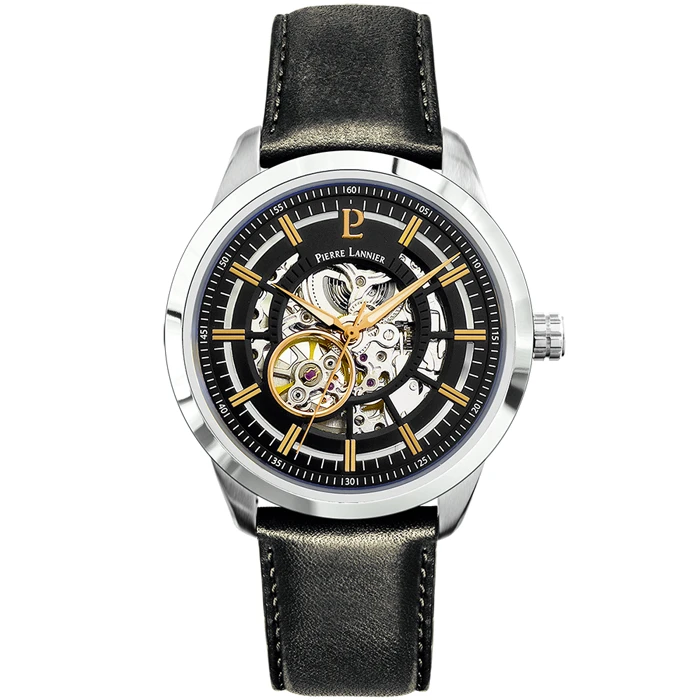 Мъжки ръчен часовник с автоматичен механизъм - корпус от Стомана - Естествена кожа - цвят Скелетон Черен