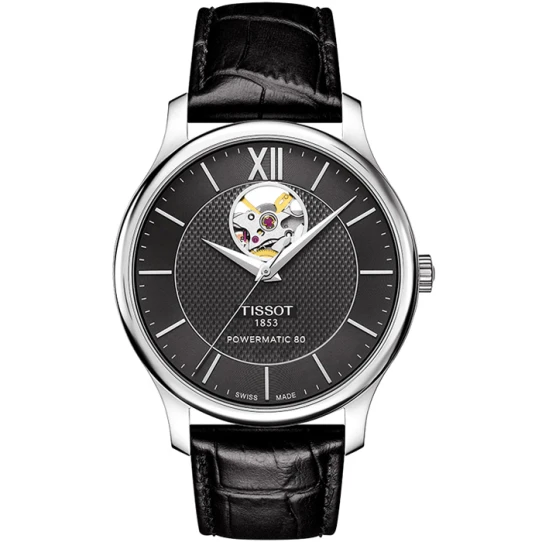 Мъжки ръчен часовник с автоматичен механизъм - корпус от Стомана - Естествена кожа - цвят Черен Черен