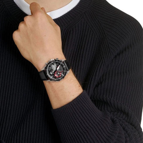 Мъжки ръчен часовник с кварцов механизъм - корпус от Стомана - Синтетична кожа - цвят Черен Черен