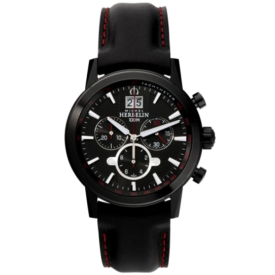 Мъжки ръчен часовник с кварцов механизъм - корпус от Стомана - Естествена кожа - цвят Черен Червен