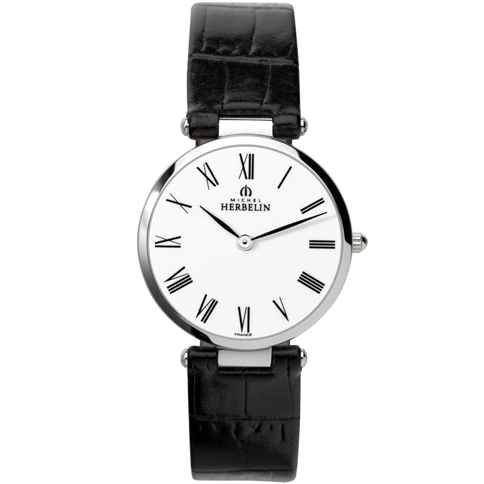 Дамски ръчен часовник с кварцов механизъм - корпус от Стомана - Естествена кожа - цвят Бял Черен