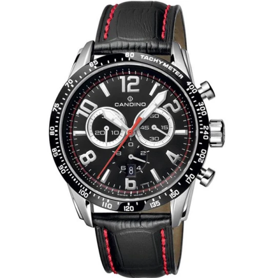 Мъжки ръчен часовник с кварцов механизъм - корпус от Стомана - Естествена кожа - цвят Черен Червен