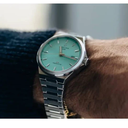 Мъжки ръчен часовник с автоматичен механизъм - корпус от Стомана - Стоманена верижка - цвят Тюркоаз