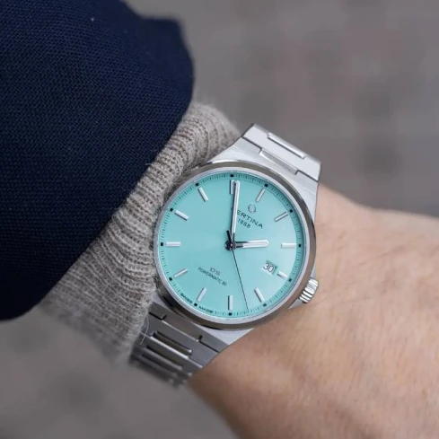 Мъжки ръчен часовник с автоматичен механизъм - корпус от Стомана - Стоманена верижка - цвят Тюркоаз