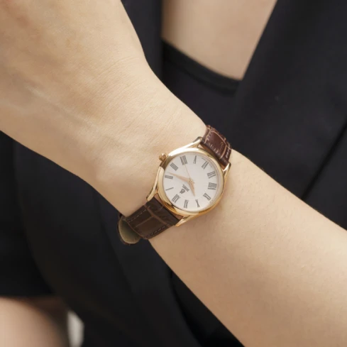 Дамски ръчен часовник с кварцов механизъм - корпус от Стомана - Естествена кожа - цвят Бял Кафяв