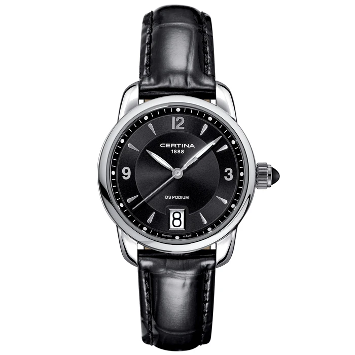 Дамски ръчен часовник с кварцов механизъм - корпус от Стомана - Естествена кожа - цвят Черен Черен