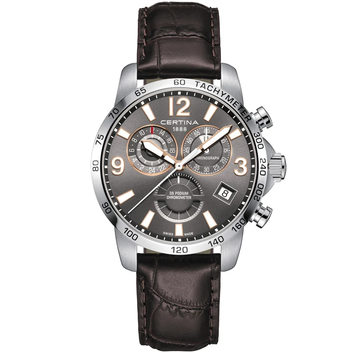 Мъжки ръчен часовник с кварцов механизъм - корпус от Стомана - Естествена кожа - цвят Сив Кафяв