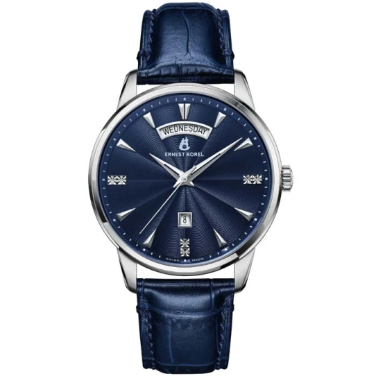 Мъжки ръчен часовник с кварцов механизъм - корпус от Стомана - Естествена кожа - цвят Син Син