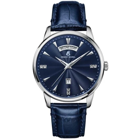 Мъжки ръчен часовник с кварцов механизъм - корпус от Стомана - Естествена кожа - цвят Син Син