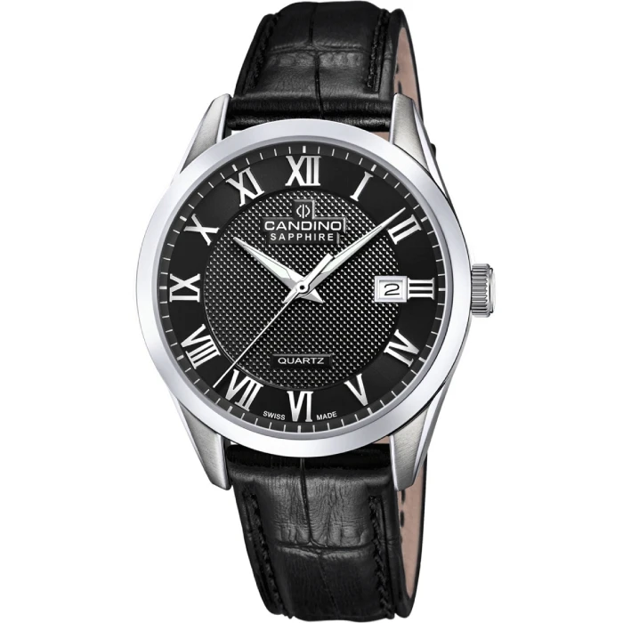 Мъжки ръчен часовник с кварцов механизъм - корпус от Стомана - Естествена кожа - цвят Черен