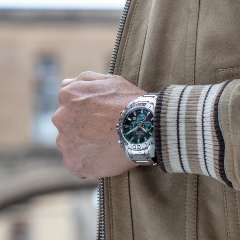 Мъжки ръчен часовник с кварцов механизъм - корпус от Стомана - Стоманена верижка - цвят Зелен Сив