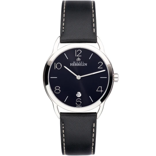 Мъжки ръчен часовник с кварцов механизъм - корпус от Стомана - Естествена кожа - цвят Черен Черен