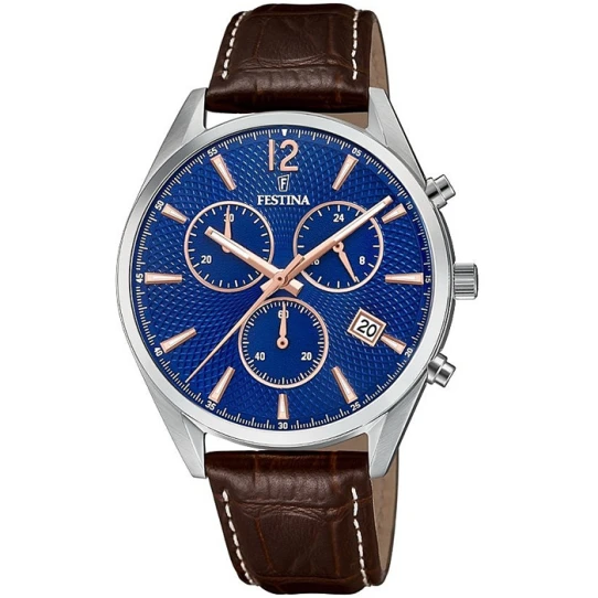 Festina F6860/6 - Мъжки ръчен часовник с кварцов механизъм - корпус от Стомана - Естествена кожа - цвят Син Кафяв