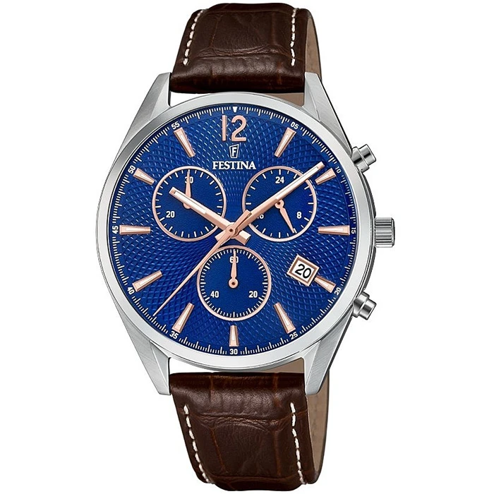 Мъжки ръчен часовник с кварцов механизъм - корпус от Стомана - Естествена кожа - цвят Син Кафяв