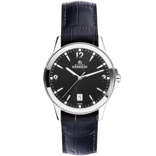 Мъжки ръчен часовник с кварцов механизъм - корпус от Стомана - Естествена кожа - цвят Черен Син