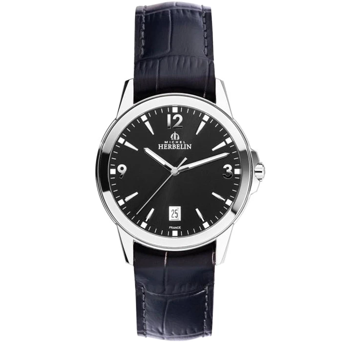 Мъжки ръчен часовник с кварцов механизъм - корпус от Стомана - Естествена кожа - цвят Черен Син