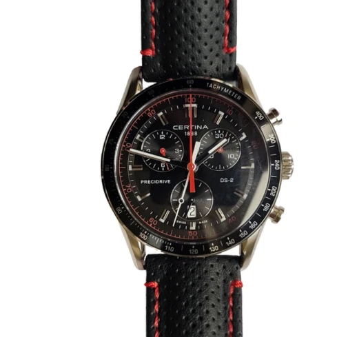 Мъжки ръчен часовник с кварцов механизъм - корпус от Стомана - Естествена кожа - цвят Черен Червен