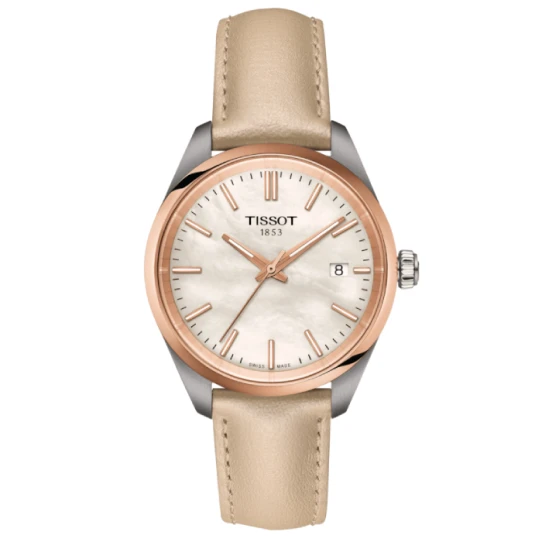 Дамски ръчен часовник с кварцов механизъм - корпус от Стомана - Естествена кожа - цвят Седеф Бежов