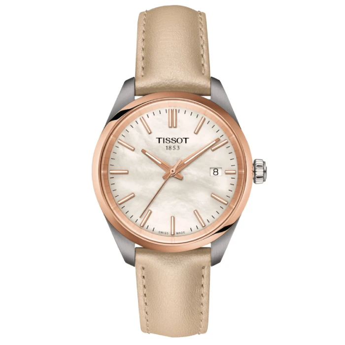 Дамски ръчен часовник с кварцов механизъм - корпус от Стомана - Естествена кожа - цвят Седеф Бежов