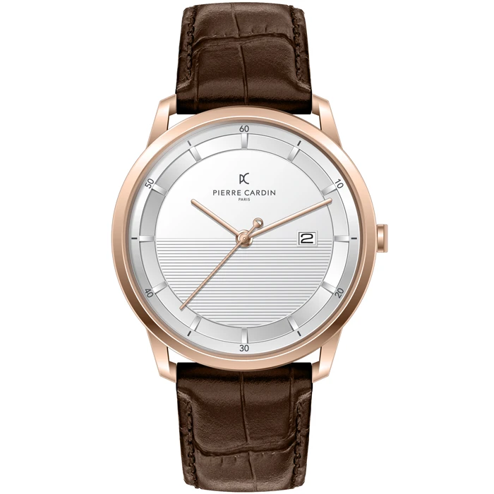 Мъжки ръчен часовник с кварцов механизъм - корпус от Стомана - Естествена кожа - цвят Бял Кафяв