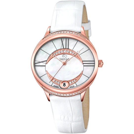 Дамски ръчен часовник с кварцов механизъм - корпус от Стомана - Естествена кожа - цвят Седеф Бял